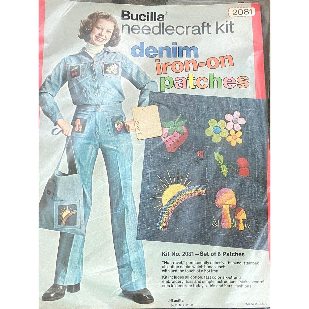 Vtg Bucilla EMBROIDERY KIT Denim Iron on Patches 2081 Mushroom‎ Rainbow Cherries